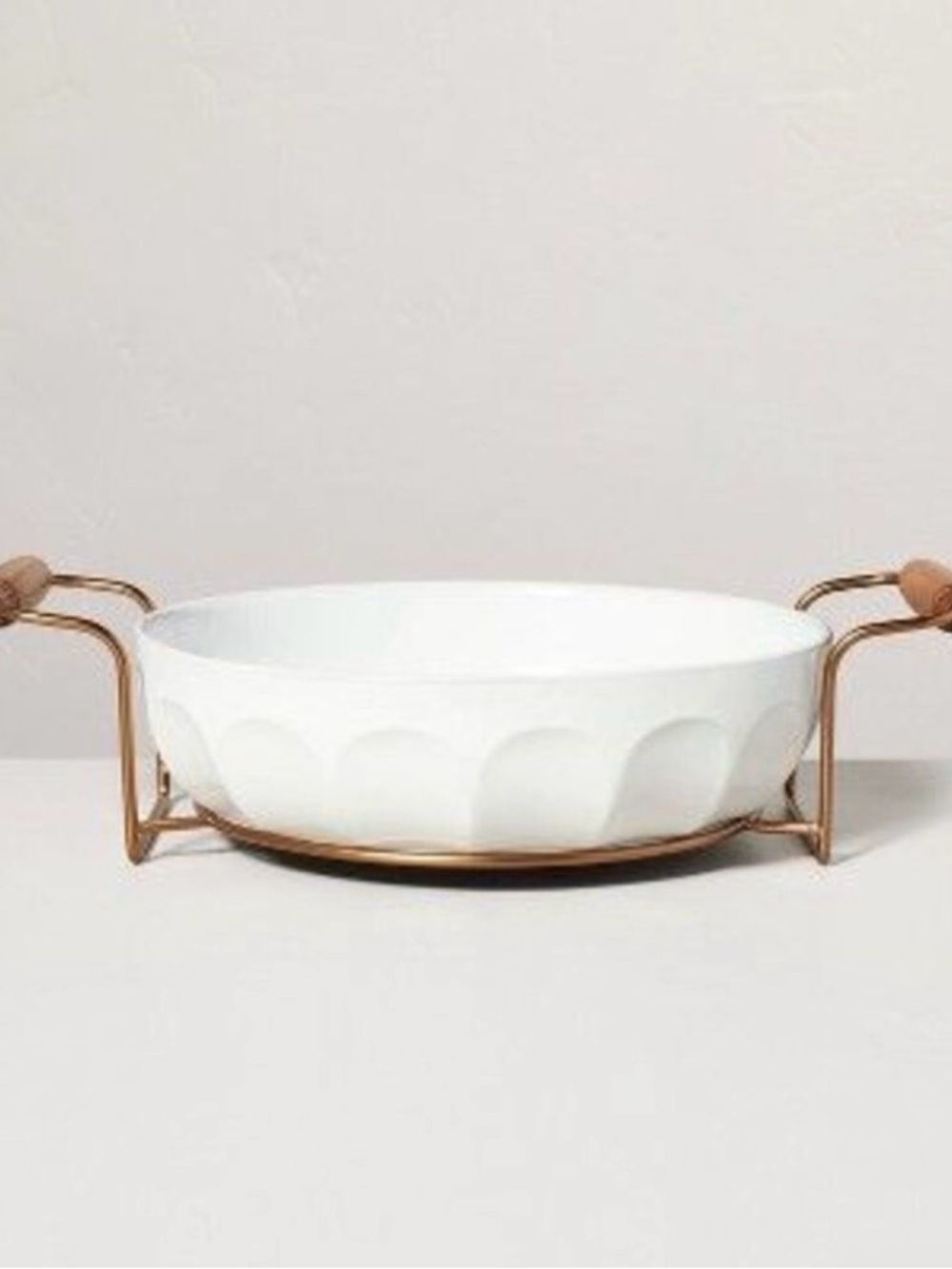 Hearth & Hand White Serving Casserole Bowl with Brass Wooden Stand NEW